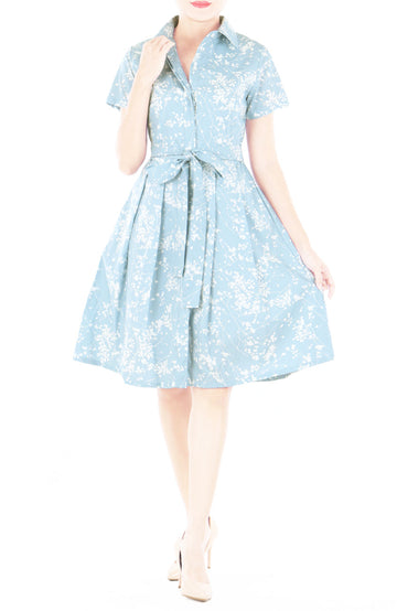 Japanese Plum Blossoms Anna Shirtdress - Sky Blue